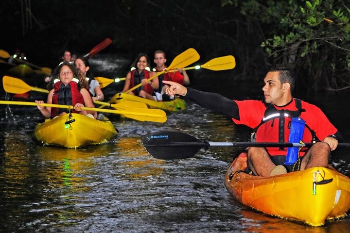 a group of people riding on kayaks